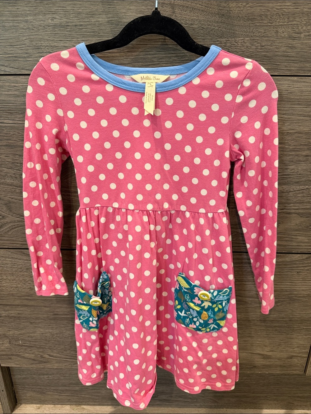 Matilda Jane Pink Polka Dot Dress with Teal Floral Pockets
